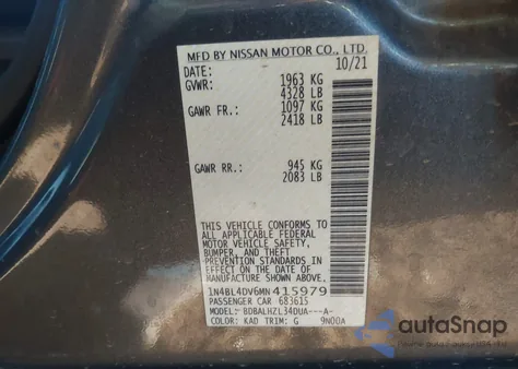 2021 Nissan Altima Sv Fwd z USA, uszkodzony, nr VIN 1N4BL4DV6MN415979